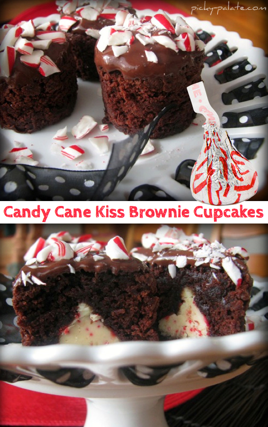 Candy cane kiss centered brownie cupcakes Tons of really creative Christmas cupcake ideas!!