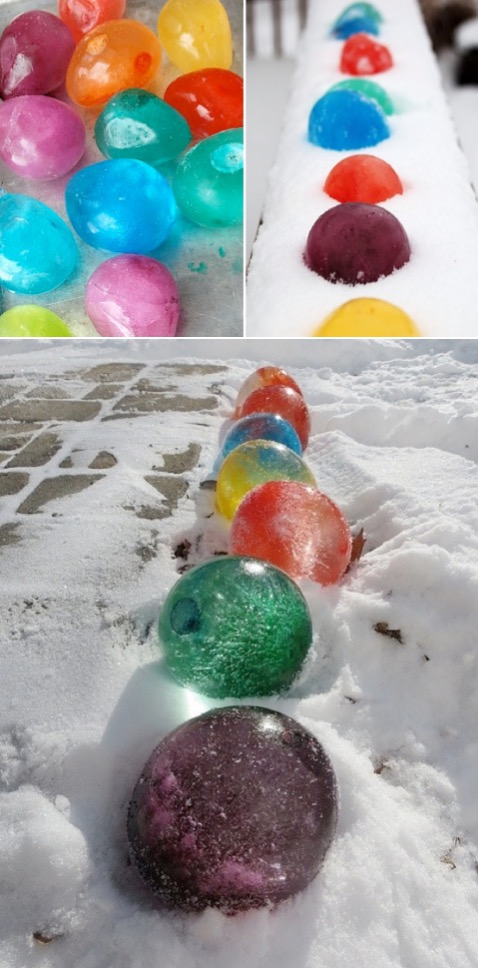 Balloons fill with water and food coloring to create colorful ice balls for winter yard decor.