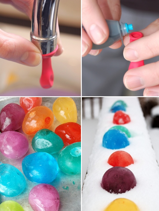 Balloons being filled with water and food coloring to make bright colored ice balls. 