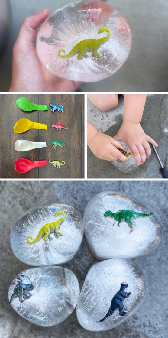 Frozen Dinosaur Eggs are balloons filled with water and a plastic dinosaur. Once frozen and the balloon is peeled away, you get a magical looking ice egg the kids can play without outside in the summer.