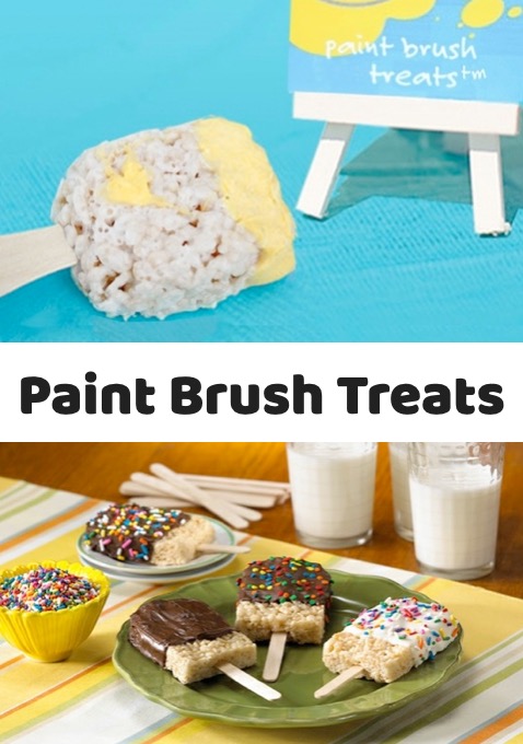 Rice Krispie treats on a stick with colorful frosting to make fun party food paint brushes.