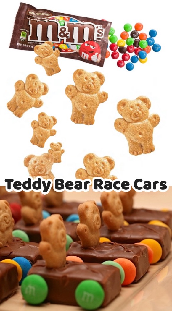 Chocolate Teddy Bear Race Cars made with mini Milky Way bars, M&M Candies, Teddy Grahams, and melted chocolate. A fun and adorable birthday party treat idea for kids.