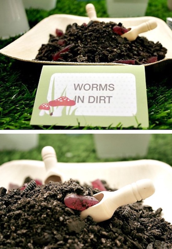 Crushed Oreo cookies with gummy worms in a bowl to make a fun birthday party treat called "worms in dirt"!