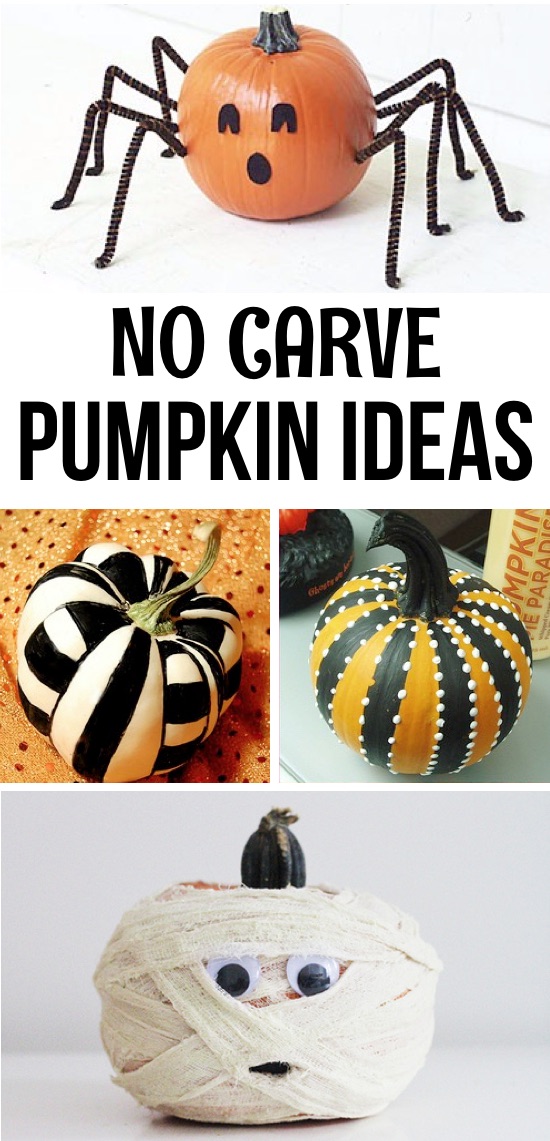 Looking for fun and easy DIY no carve pumpkin decorating ideas? There are so many easy ways to dress them up with paint, markers, glitter, craft supplies and more! Great for indoor and outdoor use. Lots of funny and creative ideas for Halloween and Thanksgiving. Easy enough for kids, teens and adults to make. Everything from pretty and glamorous to crazy and spooky. Definitely a cheap way to decorate for fall! Keeps the kids busy, too.