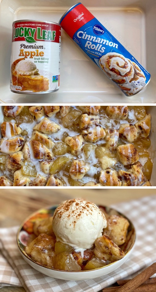 Easy 2 ingredient cinnamon roll apple cobbler made with a tube of Pillsbury cinnamon rolls and a can of apple pie filling. 