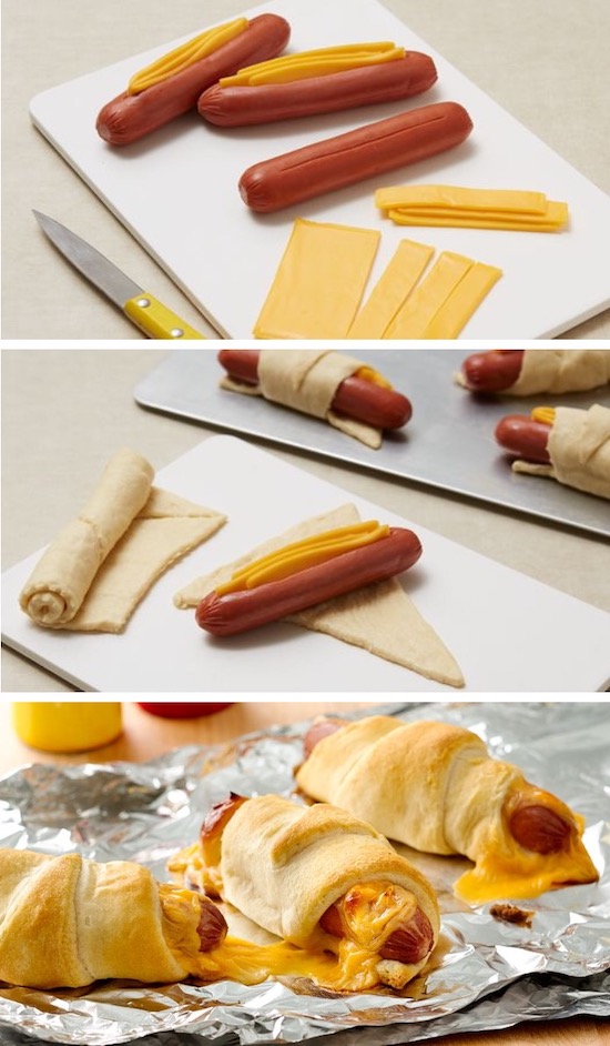 Hot dogs stuffed with cheese and wrapped with refrigerated crescent dough!