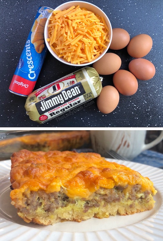 Easy breakfast casserole made with Pillsbury crescent dough, sausage, eggs, and cheese, all layered in a 9x13 baking dish.