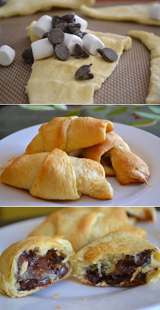 Crescent rolls stuffed with marshmallows and chocolate chips, baked until warm and golden brown to make fluffy S'mores. 