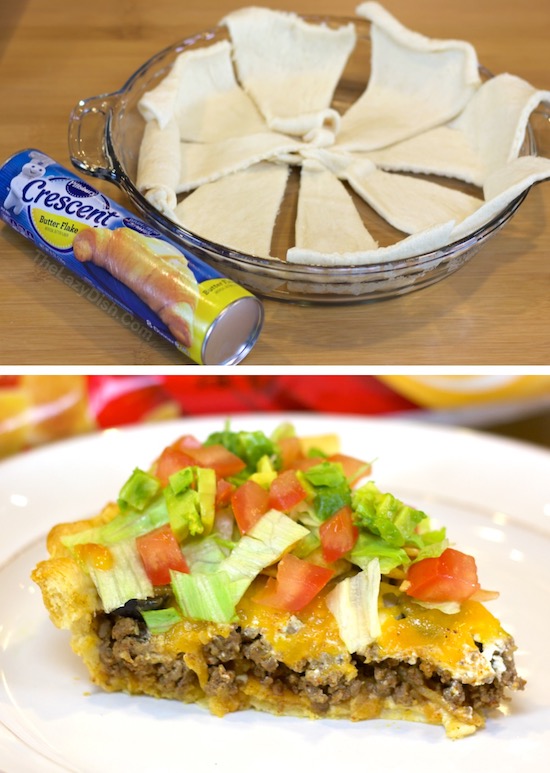 A ground beef taco pie dinner made with a crescent dough crust and topped with fresh lettuce and tomato.
