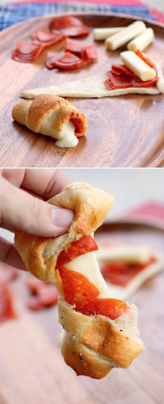 Pillsbury crescent dough pizza rolls stuffed full of cheese and pepperoni. An easy crescent roll recipe for lunch or dinner!