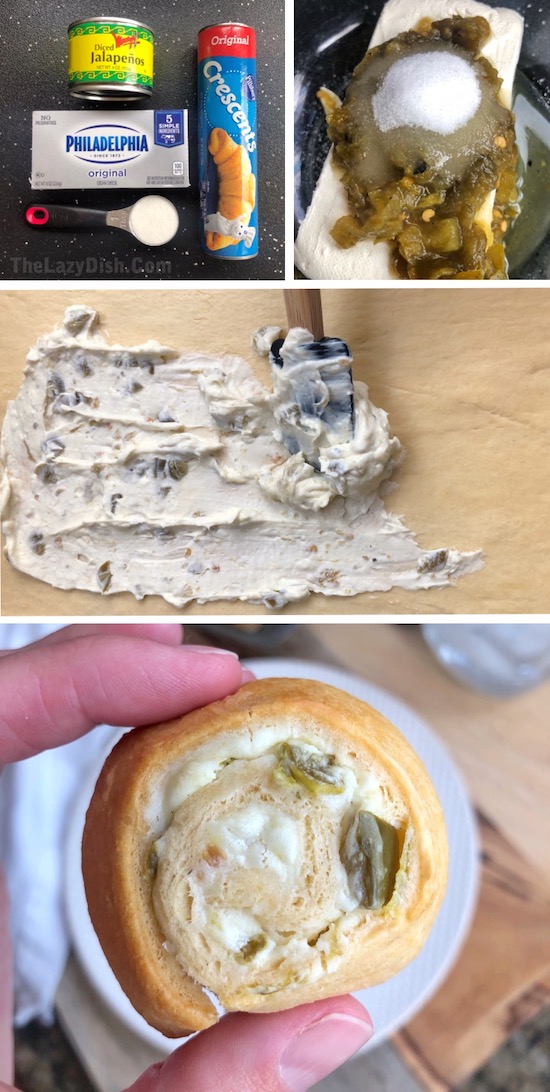Crescent dough filled with cream cheese and jalapenos, rolled up for baking to make pinwheels.