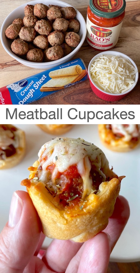 Crescent dough stuffed full of meatballs, cheese, and sauce to make mini meatball cupcakes, a savory dinner or finger food for any occasion.