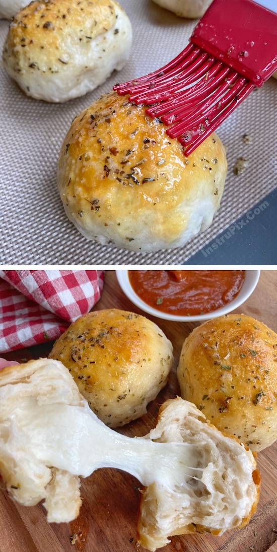 Pillsbury refrigerated biscuits stuffed with mozzarella cheese, baked, and then brushed with garlic butter, ready for dipping in warm marinara. 