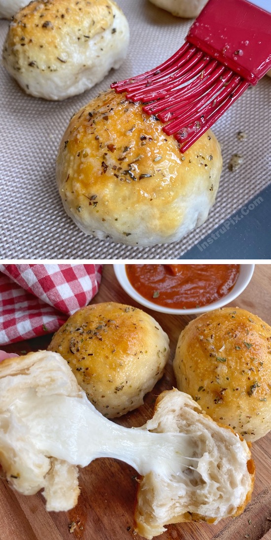 Pillsbury refrigerated biscuits stuffed with mozzarella cheese, baked, and then brushed with garlic butter, ready for dipping in warm marinara.