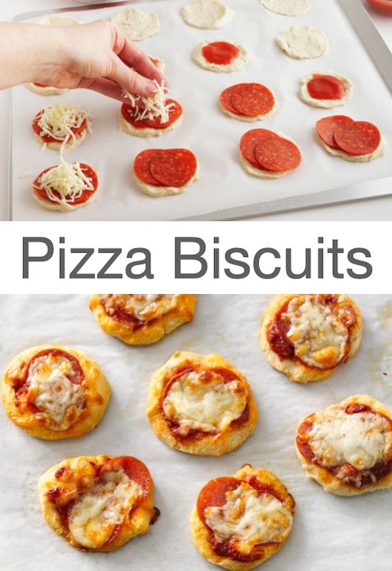 Biscuits topped with marinara, cheese, and pepperoni, baked to make easy mini pizzas. 