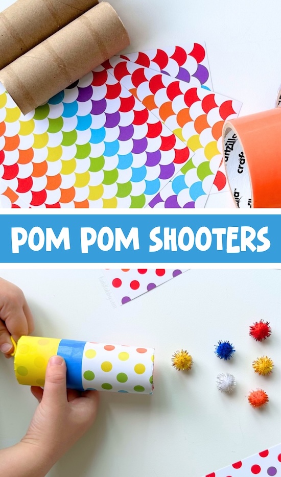 DIY Toilet Paper Roll Pom Pom Shooters are a fun indoor activity for kids made with just a few cheap supplies you probably already have at home. Save this idea for the next rainy day!