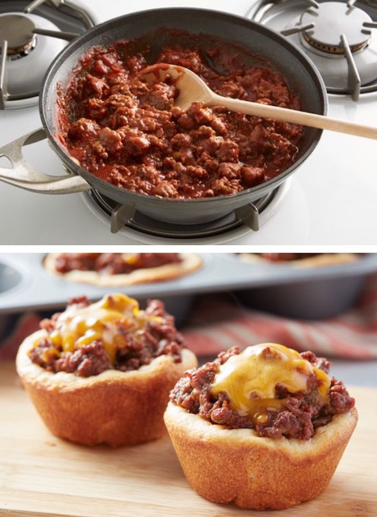 Sloppy Joe mixture stuffed into Pillsbury dough and topped with cheese to make handheld mini Sloppy Joe Cups.