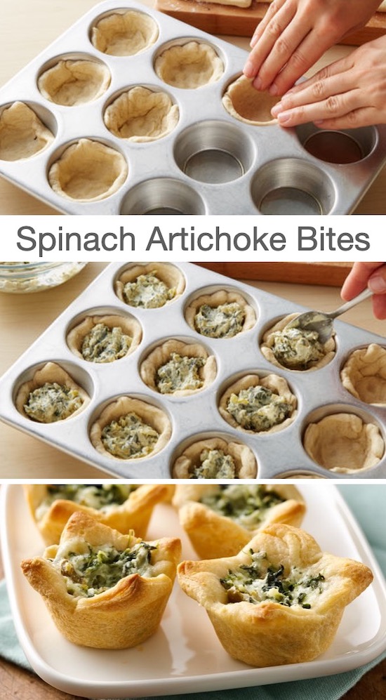 Mini handheld muffin tin biscuits stuffed with creamy artichoke spinach dip.