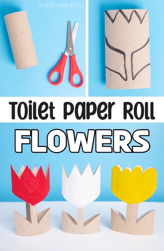 Toilet paper roll tulip flowers made by drawing the shape of a flower and cutting out the empty space. Make a variety of colors with paint. 