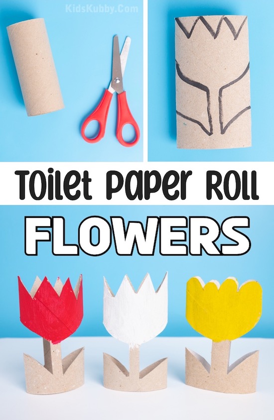 Toilet paper roll tulip flowers made by drawing the shape of a flower and cutting out the empty space. Make a variety of colors with paint.