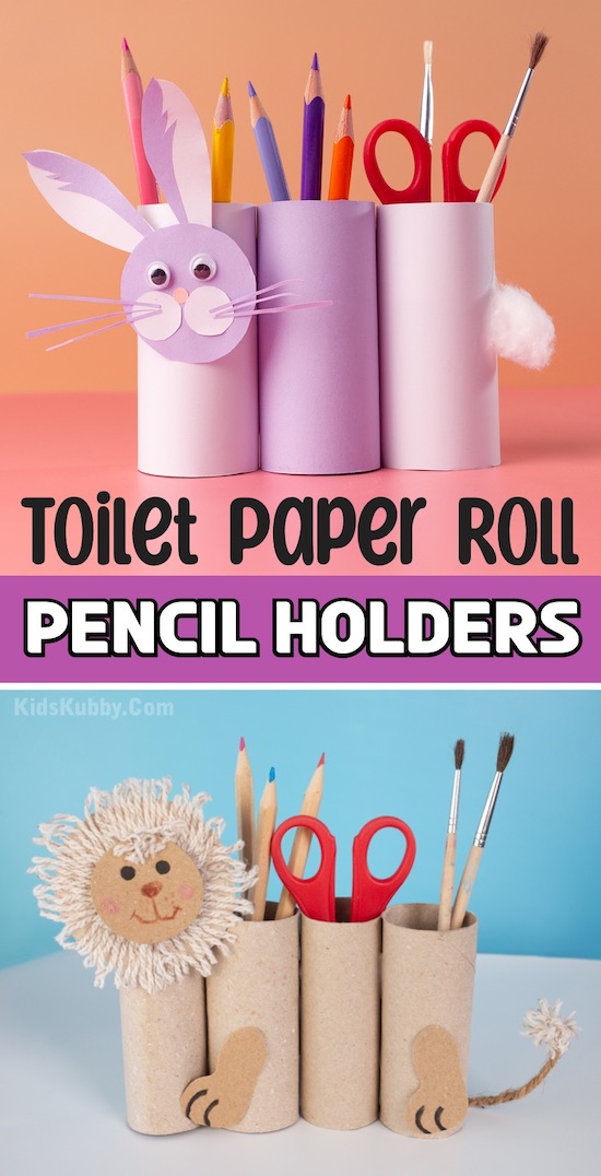 Fun and easy animal themed pencil holder made out of toilet paper rolls. A cheap and easy recycled craft easy enough for kids to make.