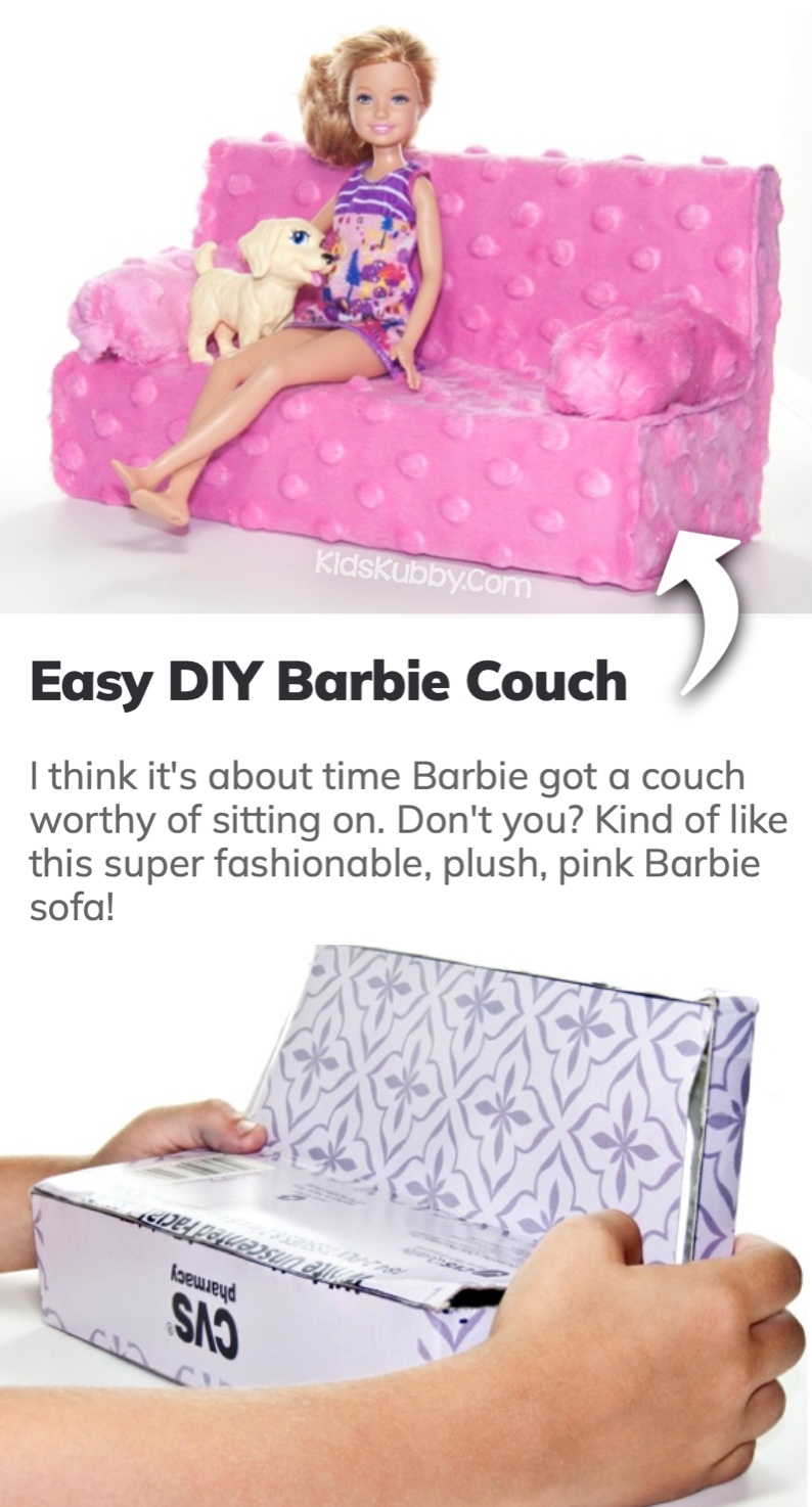 Are you looking for easy barbie crafts to make! Your barbie dolls are going to love this DIY couch! This fluffy sofa is the perfect addition to your barbie house, and cheap to make with supplies you probably already have at home including a tissue box, tape, and any fabric.
