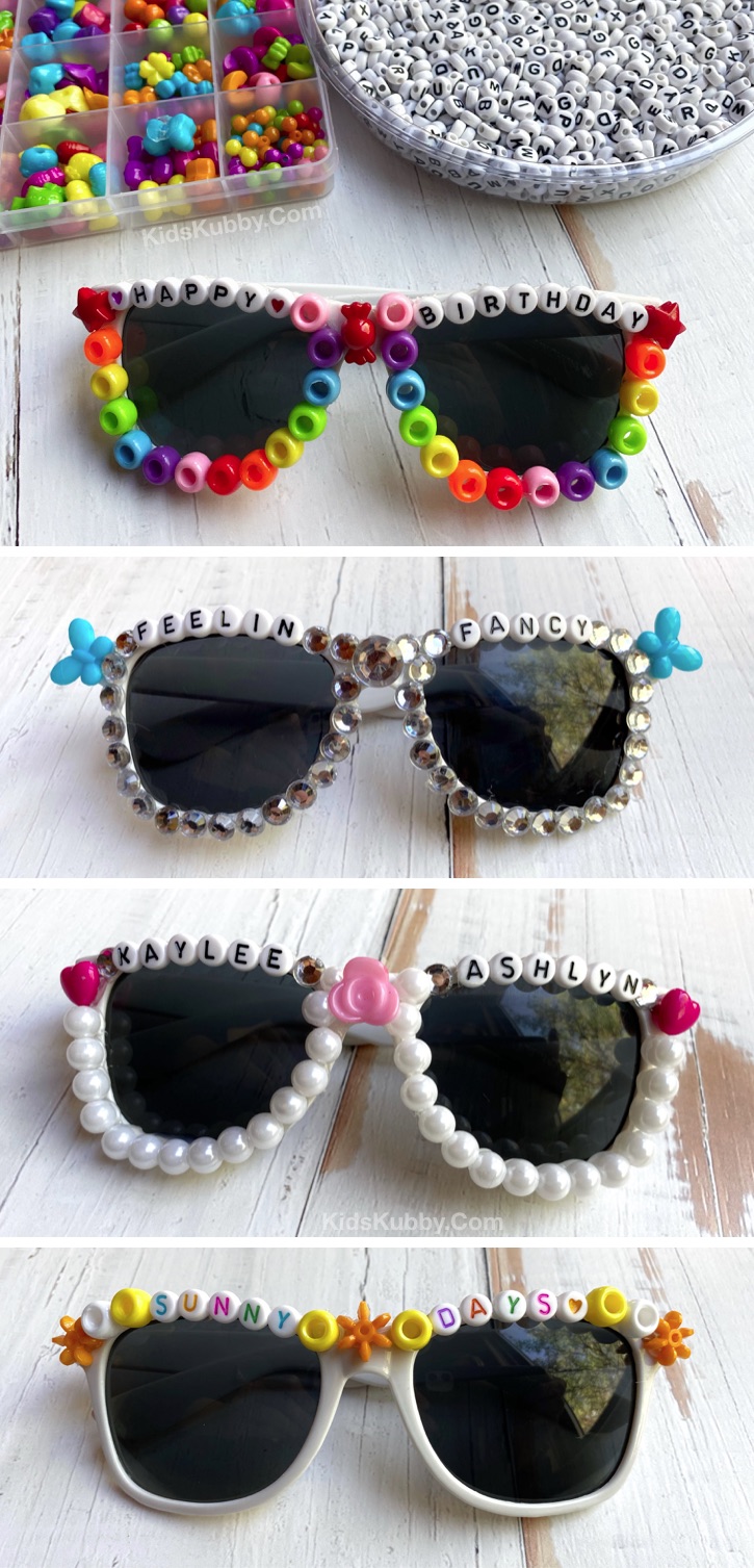 Easy Project Ideas For Teenagers To Make -- Cool DIY Beaded Sunglasses (plus word ideas). A super simple craft idea for older kids, tweens and teens. Colorful and creative! Great for a birthday party activity, too. Cute enough to even make and sell! #kidskubby #beads #crafts #teens 