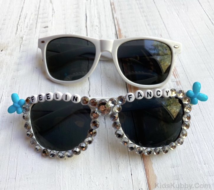 DIY Beaded Sunglasses made with letter beads and plastic rhinestones.