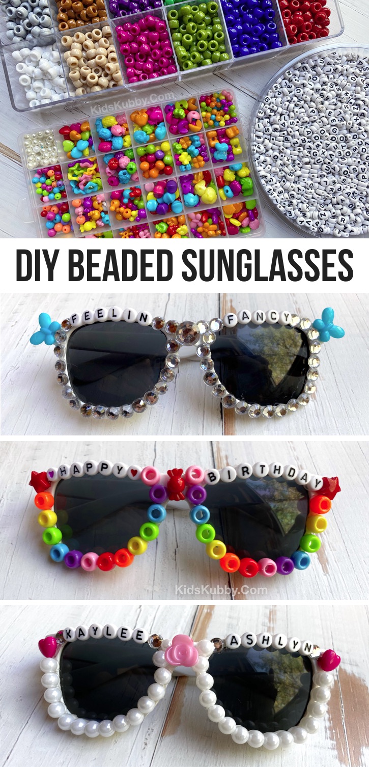 How To Make Cute DIY Beaded Sunglasses (plus word ideas) -- A super fun and easy craft project for teens to make at home when bored! A creative bead craft for parties and events, too. Cute enough to even make and sell! Older kids, tweens and teens will love this easy craft using simple supplies. #kidskubby #teens #craftsforteens #easycrafts 