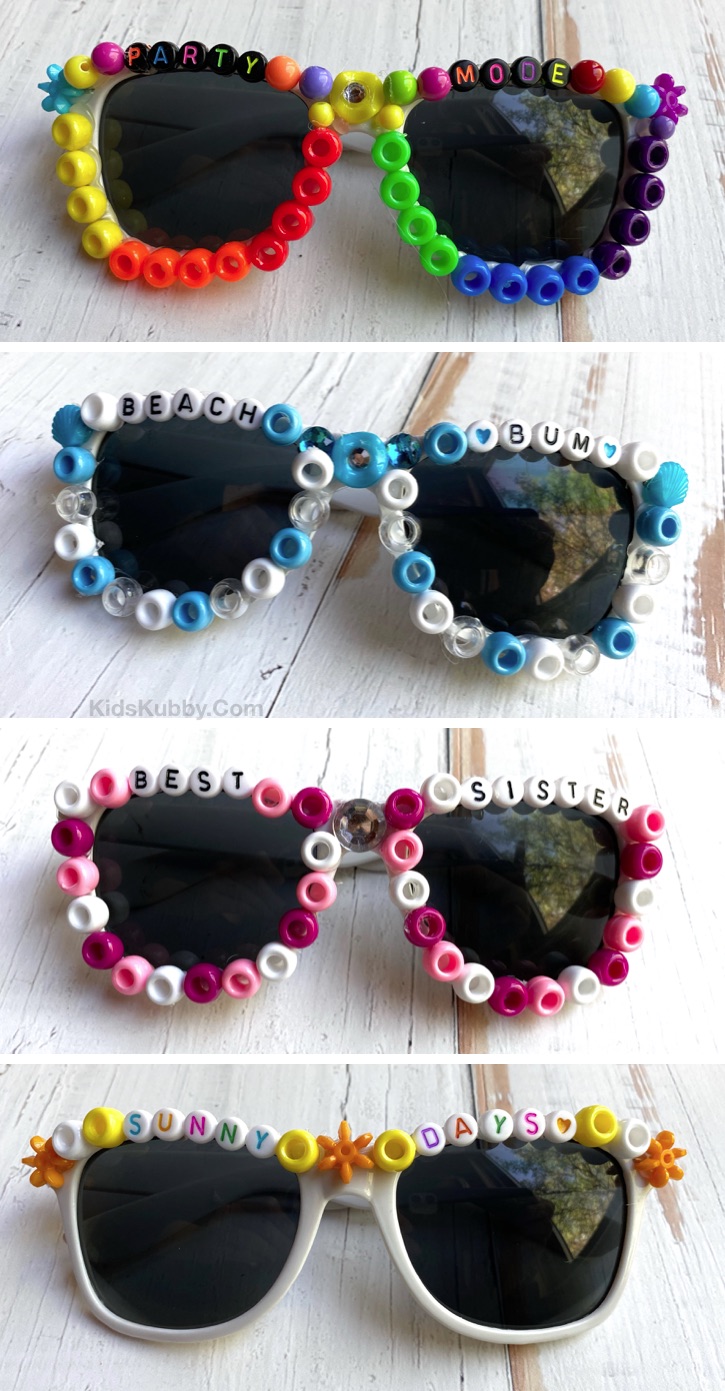 How To Make Beaded Sunglasses (plus word ideas) --- A super fun, easy and creative craft idea for teenagers and older kids to make at home when bored. Nice enough to even make and sell. Also a unique idea for parties and sleepovers. #kidskubby #teens #crafts #DIY #funcrafts 