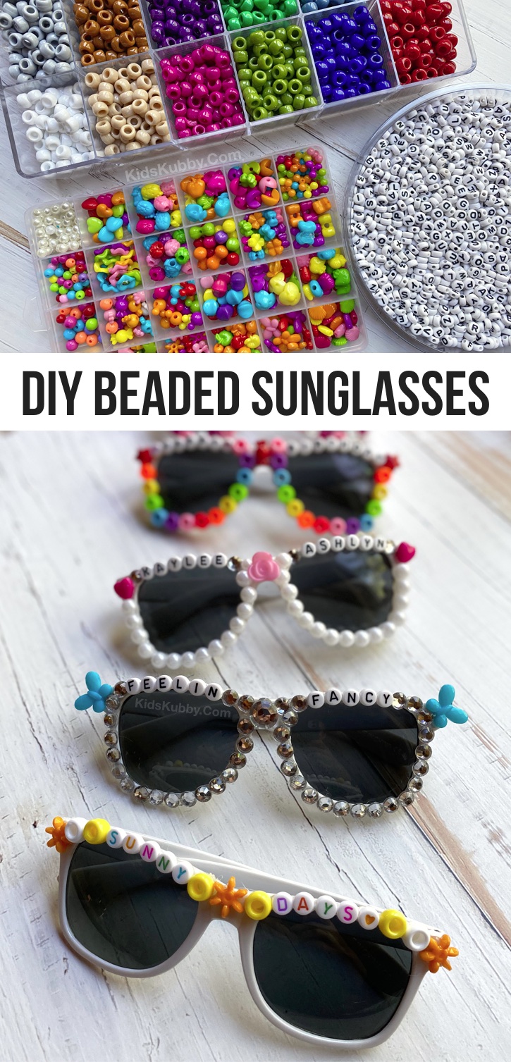 Fun & Easy Crafts For Teens To Make At Home When Bored -- DIY Beaded Sunglasses (plus word ideas). This simple bead project is perfect for parties, sleepovers and more. Girls especially love this easy DIY craft. Super fun for selfies and themed parties or events. Nice enough to even make and sell! #kidskubby #teens #tweens #crafts #beads 