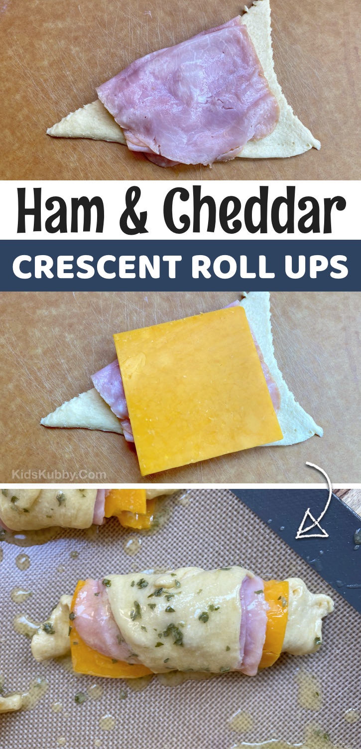 Looking for quick and easy lunch ideas for kids? These ham and cheese Pillsbury crescent roll ups are perfect for at home and school! Your picky eaters will not complain. They are super simple to make with cheap ingredients. Perfect for busy moms and dads on a budget. Everyone loves them-- toddlers to teens! #kidskubby #lunchideas #Pillsbury