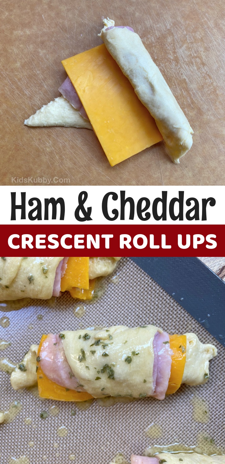 Pillsbury Crescent Dough Recipes For Lunch and Dinner -- Ham & Cheddar Roll Ups. A super easy lunch idea for kids at home! So simple to make with just a few cheap ingredients. Kids from kindergarten to teens love them! #kidskubby #lunchideas #teens #kindergarten #kids