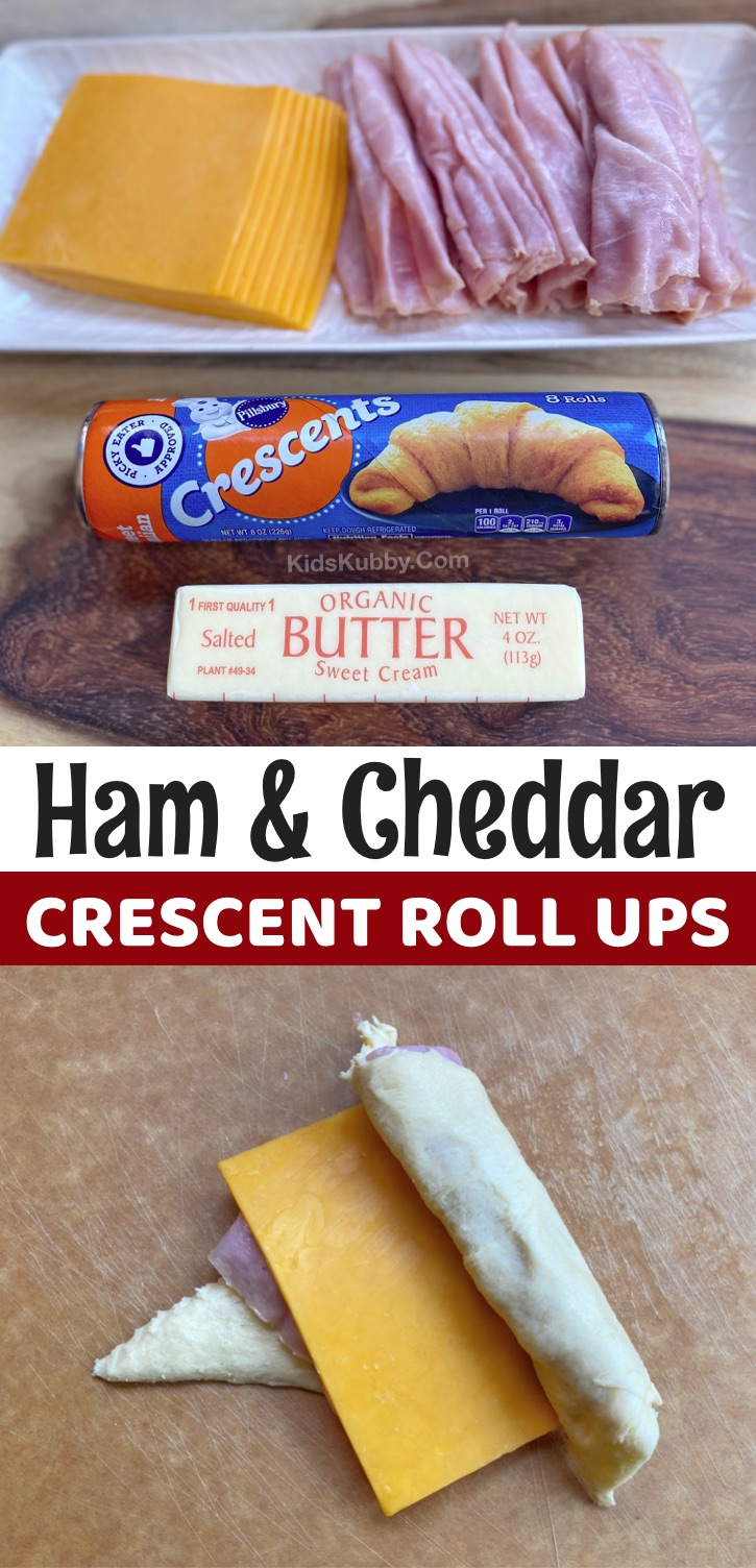 Ham & Cheddar Crescent Dough Sandwiches -- A super fun, quick and easy lunch idea for kids! Great for at home or their lunchbox. Your picky eaters will love this simple and cheap lunch recipe-- everyone from toddlers to teens! Easy enough for teenagers to make themselves. #lunchideas #kidskubby #pickyeaters