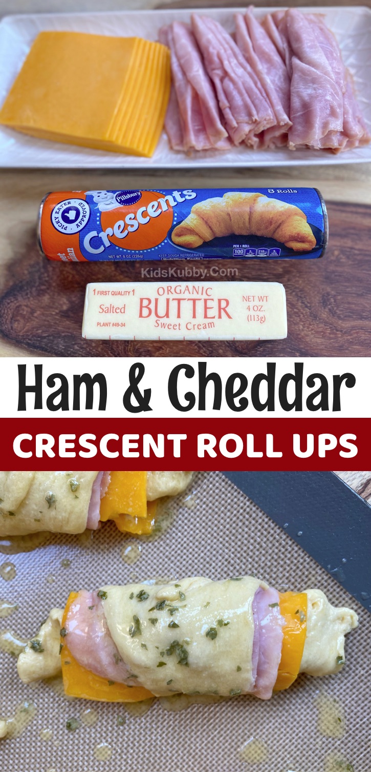 Easy Ham & Cheese Crescent Roll Ups -- A fun and creative lunch idea for kids at home and school! Your picky eaters will love this simple lunch recipe! Great for kindergarten, elementary and teens! So quick and easy. #kidskubby #pickyeaters #lunchideas