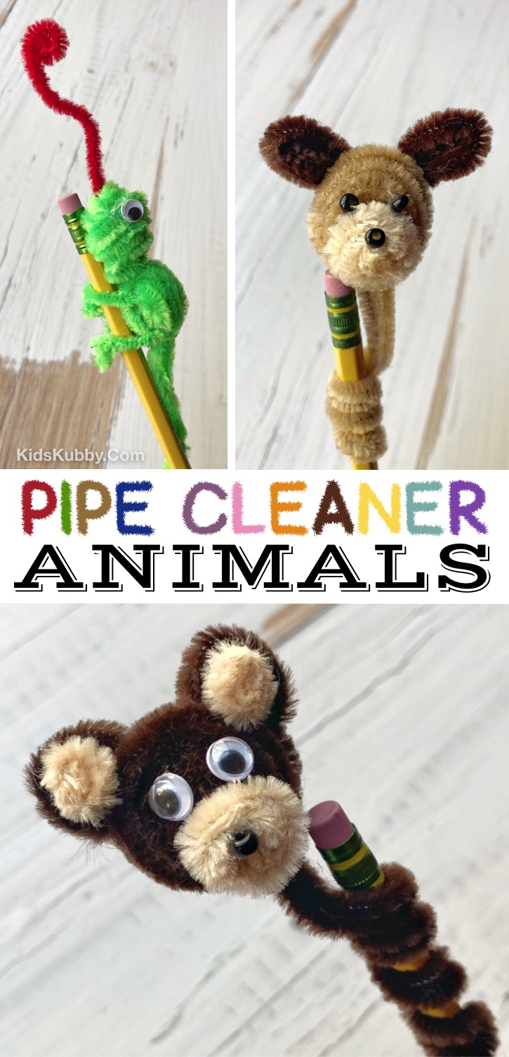 DIY Easy Pipe Cleaner Animals Craft -- A super fun and simple craft idea for kids to make! This pipe cleaner project makes for the cutest pencil toppers. A really cheap and creative activity for kids when they are bored at home. Perfect for teenagers and older kids! You just need a few supplies including craft pipe cleaners, googly eyes and a hot glue gun. Kids Kubby