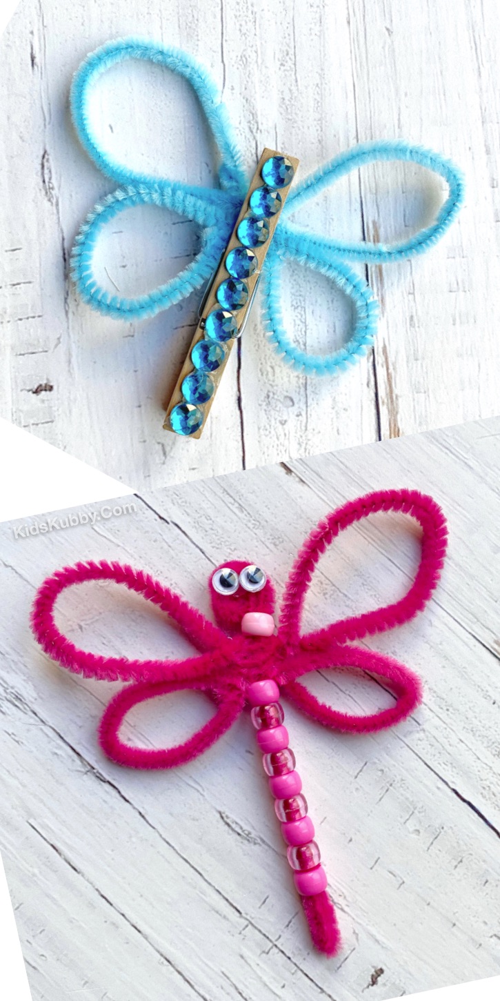 Easy Pipe Cleaner Craft Ideas For Kids To Make -- Beaded pipe cleaner dragonfly and butterfly craft for girls to make at home when bored. Cute little easy project! So colorful and pretty.