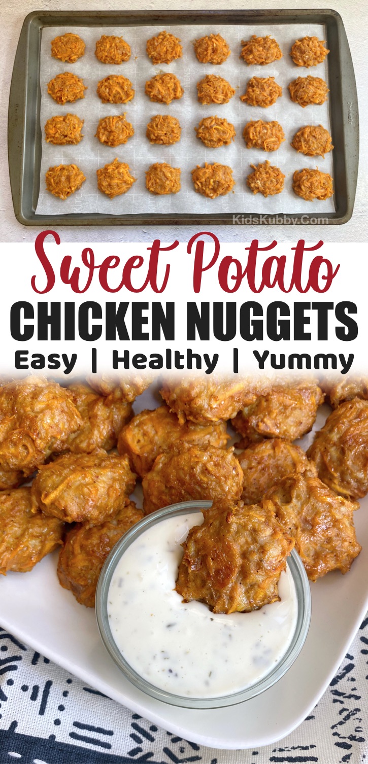 Baked Healthy Sweet Potato Chicken Nuggets -- A quick and easy snack, lunch or dinner idea for kids! My picky eaters love these sheet pan chicken bites. Freezer friendly, too! A great last minute meal idea for busy moms and dads. Paleo friendly, healthy and made with just a few cheap ingredients. 