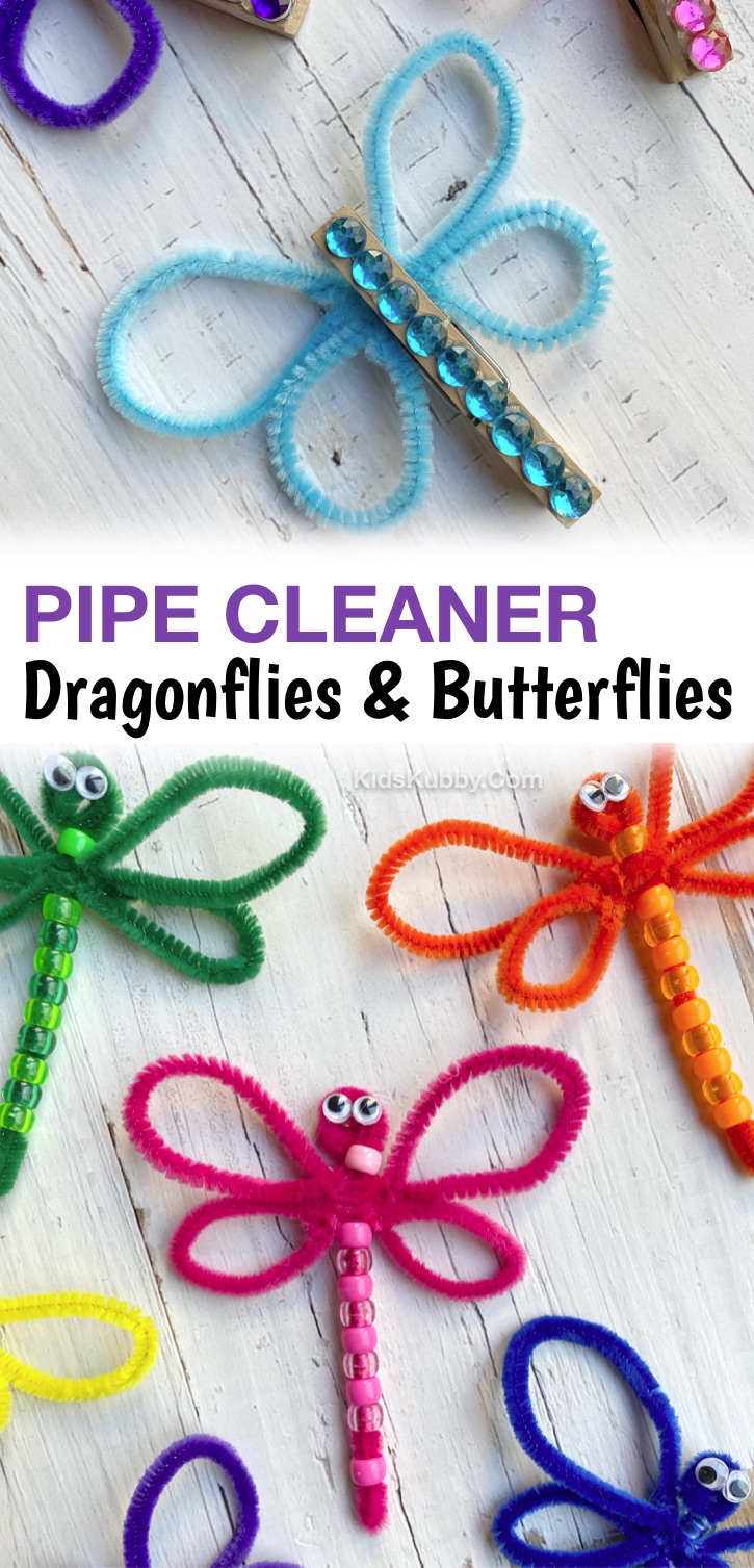 Easy DIY Pipe Cleaner Crafts For Kids -- These colorful beaded dragonflies and clothes pin butterflies are so simple and fun to make! Great little spring time craft for girls to make that are bored at home. Could be cute gifts for Mother's day or Easter, too. Make them into magnets, cork board decor or add them to a fairy garden.