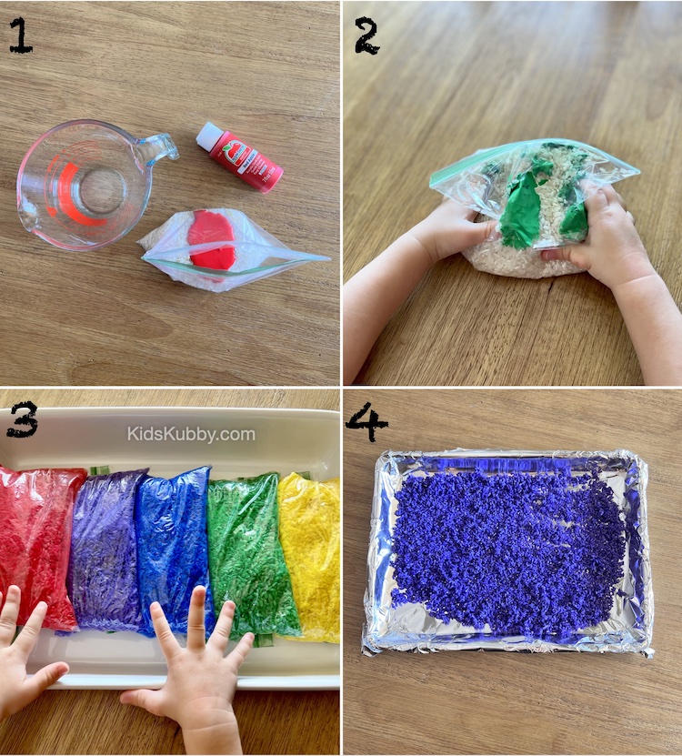 4 Step process to make rainbow rice with paint