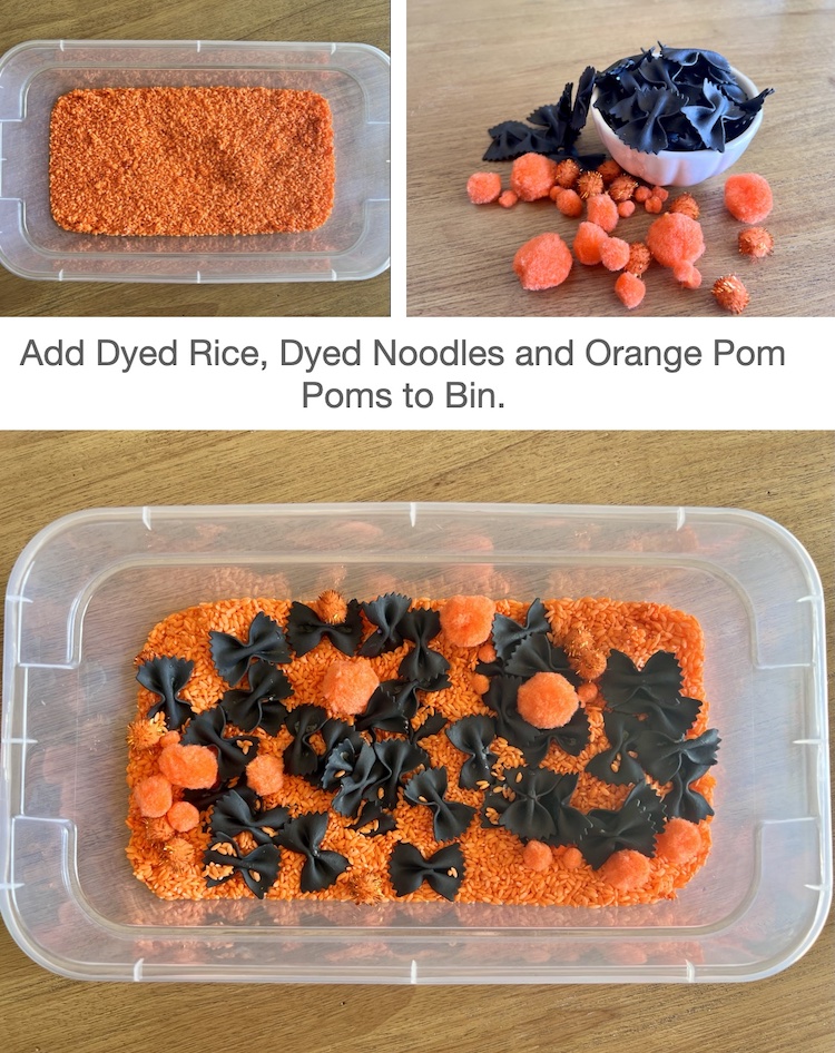 Halloween sensory bin with bats and pom-poms for sorting