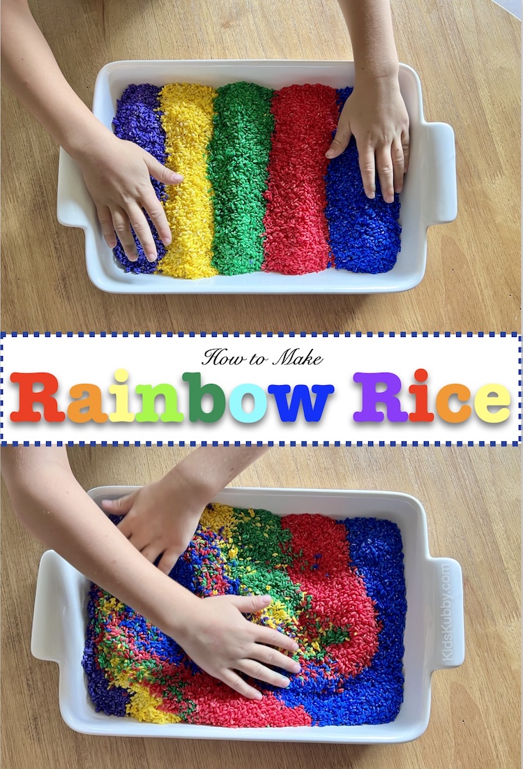 Easy Rainbow Rice all mixed together for Kids to use in Sensory bins