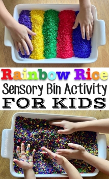 Rainbow Rice Sensory Bin for Busy Toddlers | Learn how to make colorful rice! This easy craft is great for kids of all ages, even a 2 year old! Sensory bins are cheap and easy to make with items you already have at home like dry rice, beans, etc. This is a great rainy day activity for parents on a budget.