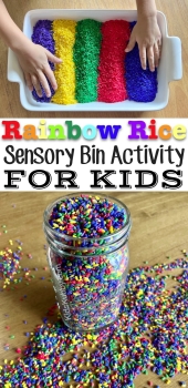 How To Make Rainbow Rice | Are you looking for fun and easy activities for toddlers? You can't go wrong with a sensory bin! They are cheap and fun to make with everyday items like rice. Learn how to make this colorful rice craft with just a few simple ingredients. Here you will find 2 quick and easy ways to make it! one of them is edible for little kids who like to put everything in their mouth (vinegar and food coloring). 
