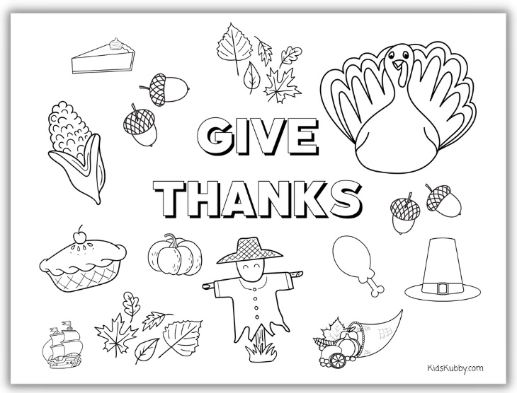 Give Thanks for all the cute pictures on this Turkey Coloring Page. This is a fun and simple activity for kids that is mess free. Simply set up a table with crayons, markers, colored pencils and maybe some stickers and watch your childâs imagination grow! Such a fun fall craft for kids.