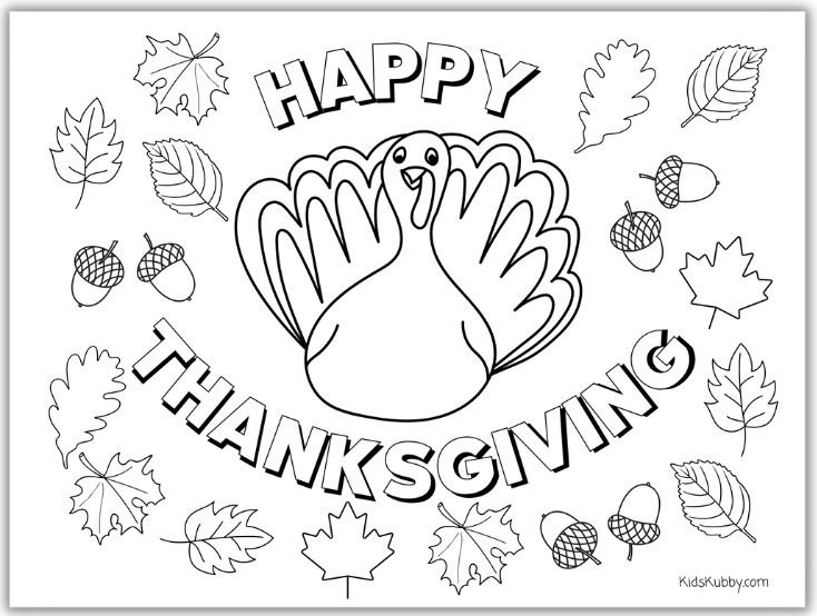 Turkey, fall leaves and acorns Oh My! This Thanksgiving coloring sheet has all the elements of fall but is simple enough for toddlers. This free coloring PDF is a perfect activity for kids on Thanksgiving Day that they can share with the whole family.