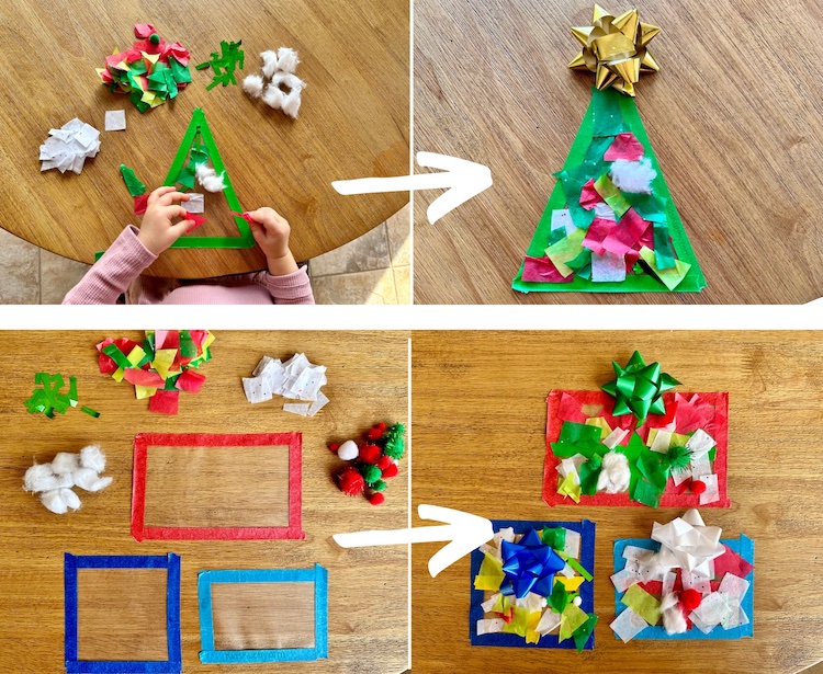 Contact paper crafts are simple to set up and endless fun for kids of all ages. Make easy Christmas decorations using contact paper and tissue paper. Your kids will love it!