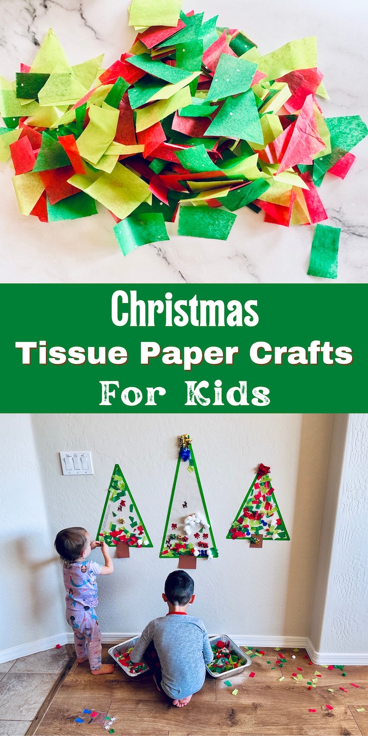 How fun is this Christmas tree contact paper craft for kids! This cheap and simple craft is perfect to bust boredom this holiday season. Simply cut triangles out of contact paper and tear tissue paper into small pieces and you have a Christmas craft that your kids will love. 