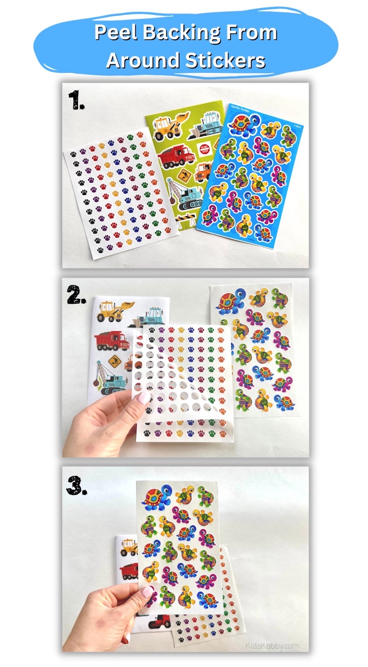 Best Mom hack to make stickers easier for kids to peel. Simply peel the outer backing away from the stickers so that it is easier for your kids to find the edge of the stickers. What an easy way to make a fine motor skills activity even better! Try this trick with a sticker line activity today!