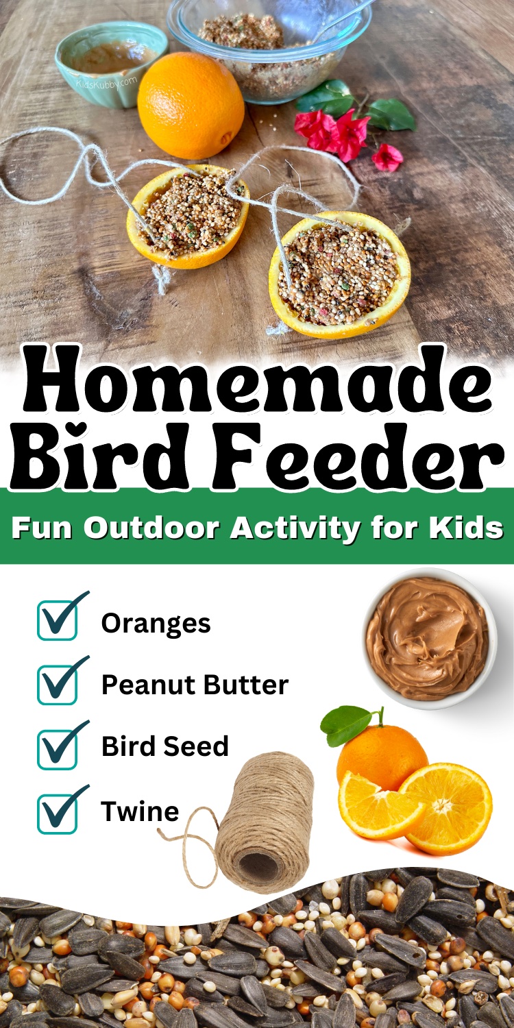 Are you looking for a fun and exciting outdoor activity for kids – try making DIY bird feeders out of oranges. With only 4 ingredients you can make eco-friendly bird feeders that are both beautiful and good for the environment (and our bird friends)! My kids had a blast making this bird feeder craft. It was so simple and fun. My kids loved watching the birds come and enjoy a nice treat. Try this today!